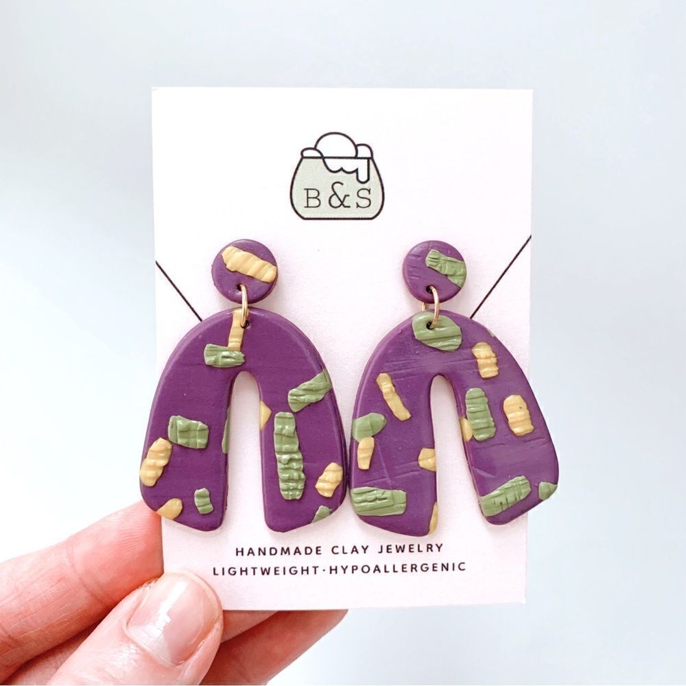 💜Celebrations Purple Arch Shaped Clay Earrings Hypoallergenic